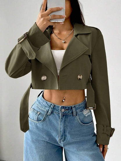Dublin Cropped Double Breasted Trench Jacket with Belt - Army Green