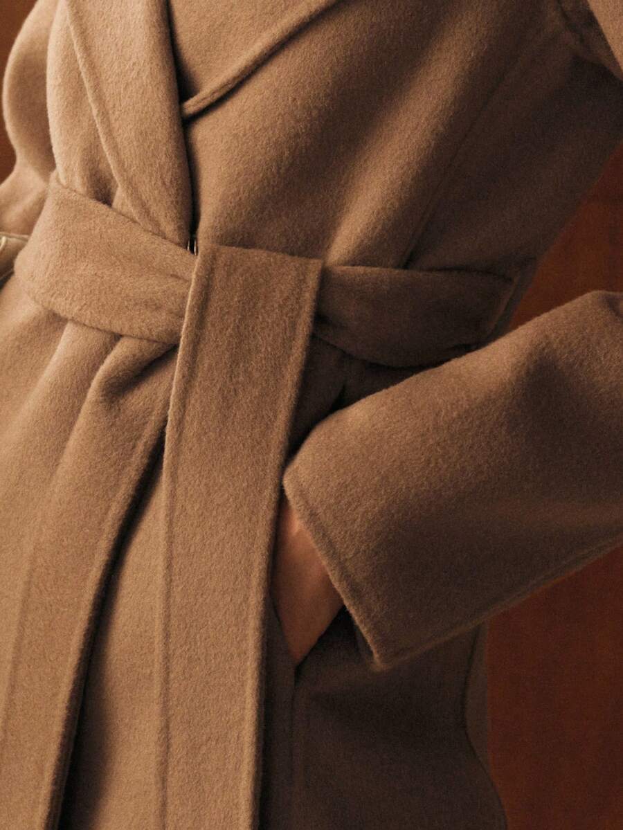 Perpetua Wool Blend Waterfall Collar Wrap Midi Coat Mensa