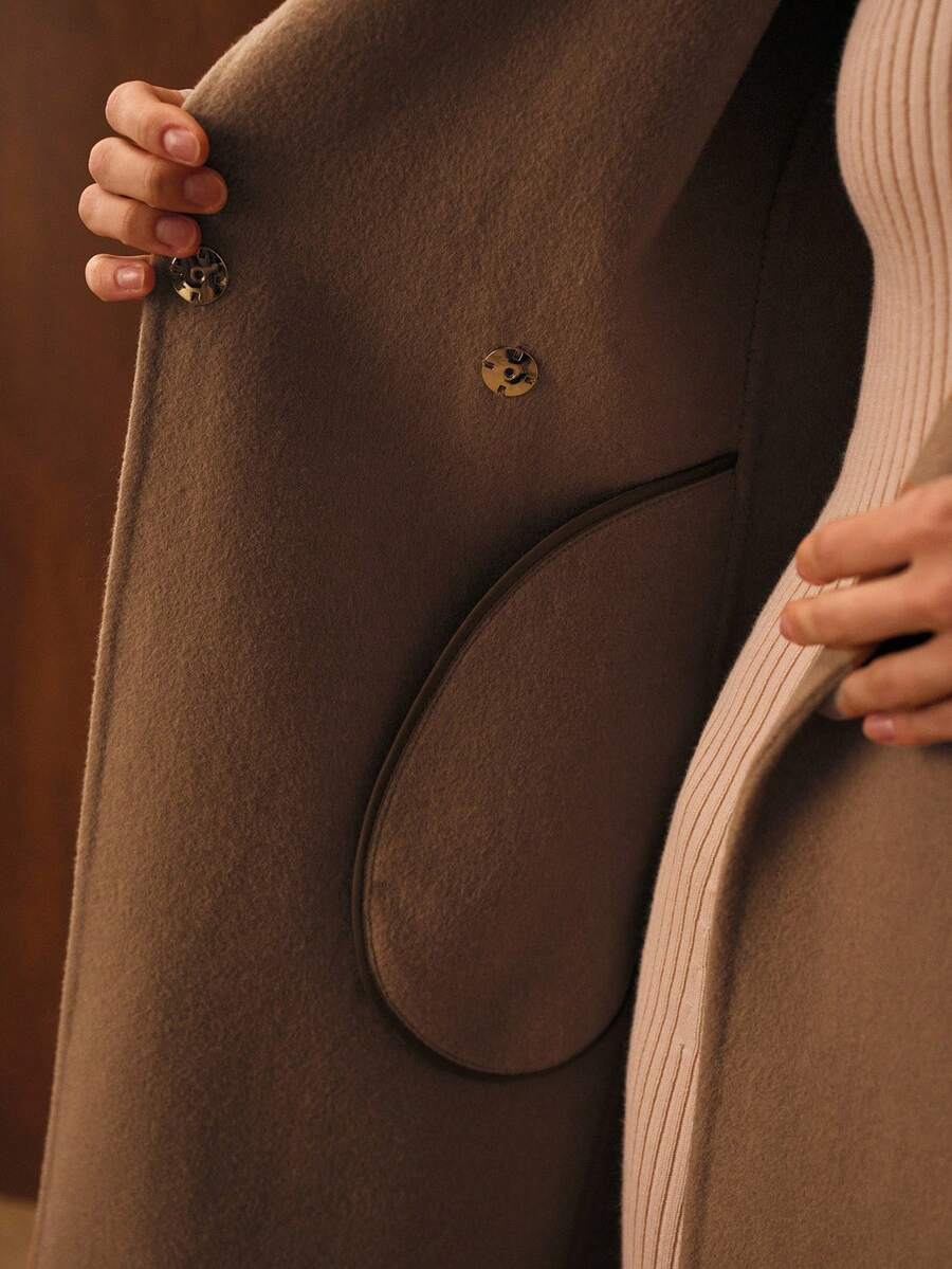 Perpetua Wool Blend Waterfall Collar Wrap Midi Coat - Coffee Brown