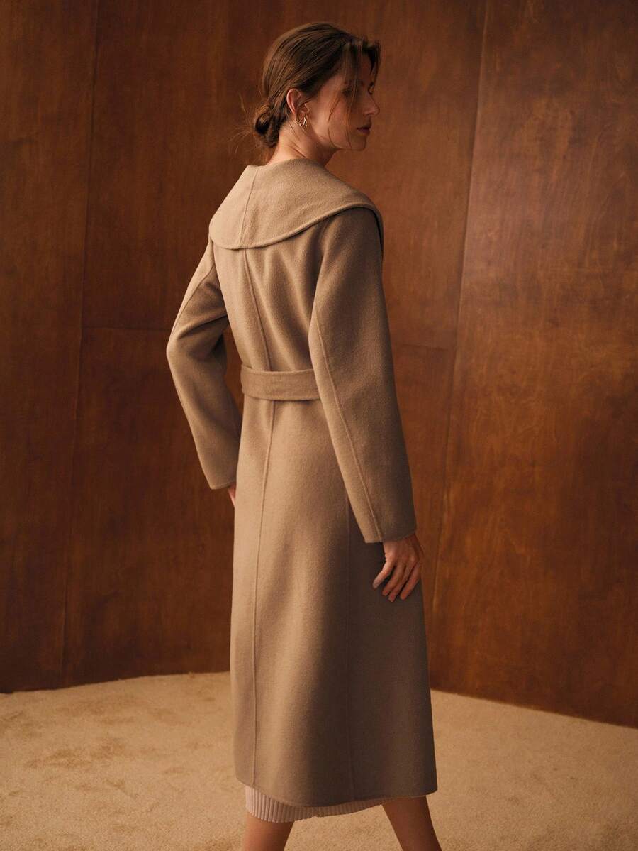Perpetua Wool Blend Waterfall Collar Wrap Midi Coat - Coffee Brown