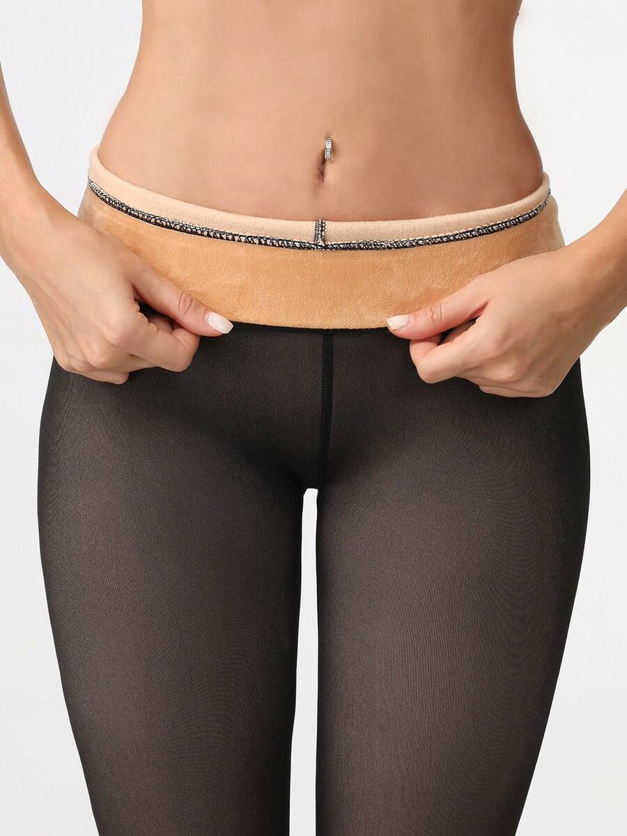 Elara Fleece Lined Leggings Sheer Look Footed Thermal Tights - Sheer Cocoa