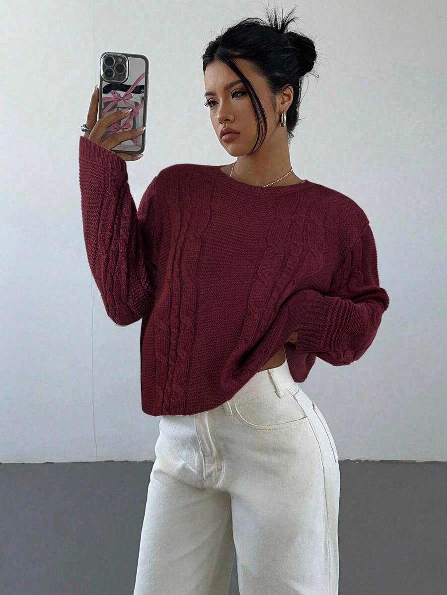 Noemi Relaxed Crew Neck Cable Knit Sweater with Drop Shoulders - Burgundy