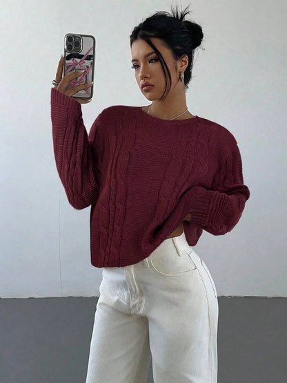 Noemi Relaxed Crew Neck Cable Knit Sweater with Drop Shoulders - Burgundy