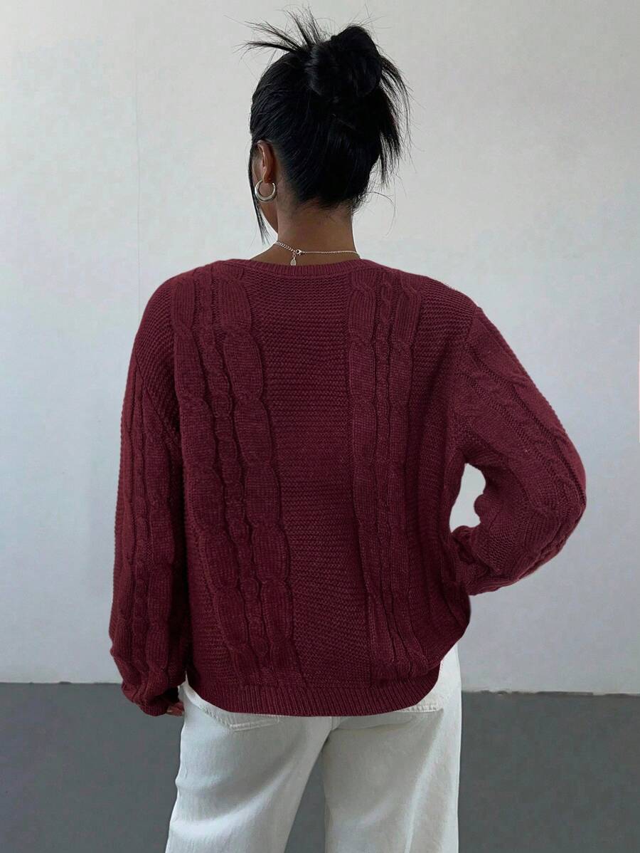 Noemi Relaxed Crew Neck Cable Knit Sweater with Drop Shoulders - Burgundy