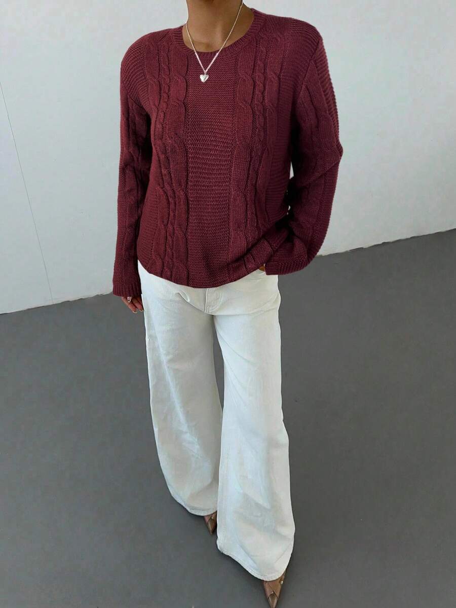 Noemi Relaxed Crew Neck Cable Knit Sweater with Drop Shoulders - Burgundy