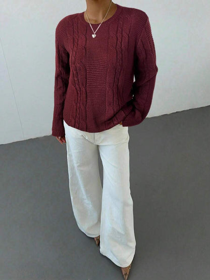 Noemi Relaxed Crew Neck Cable Knit Sweater with Drop Shoulders - Burgundy