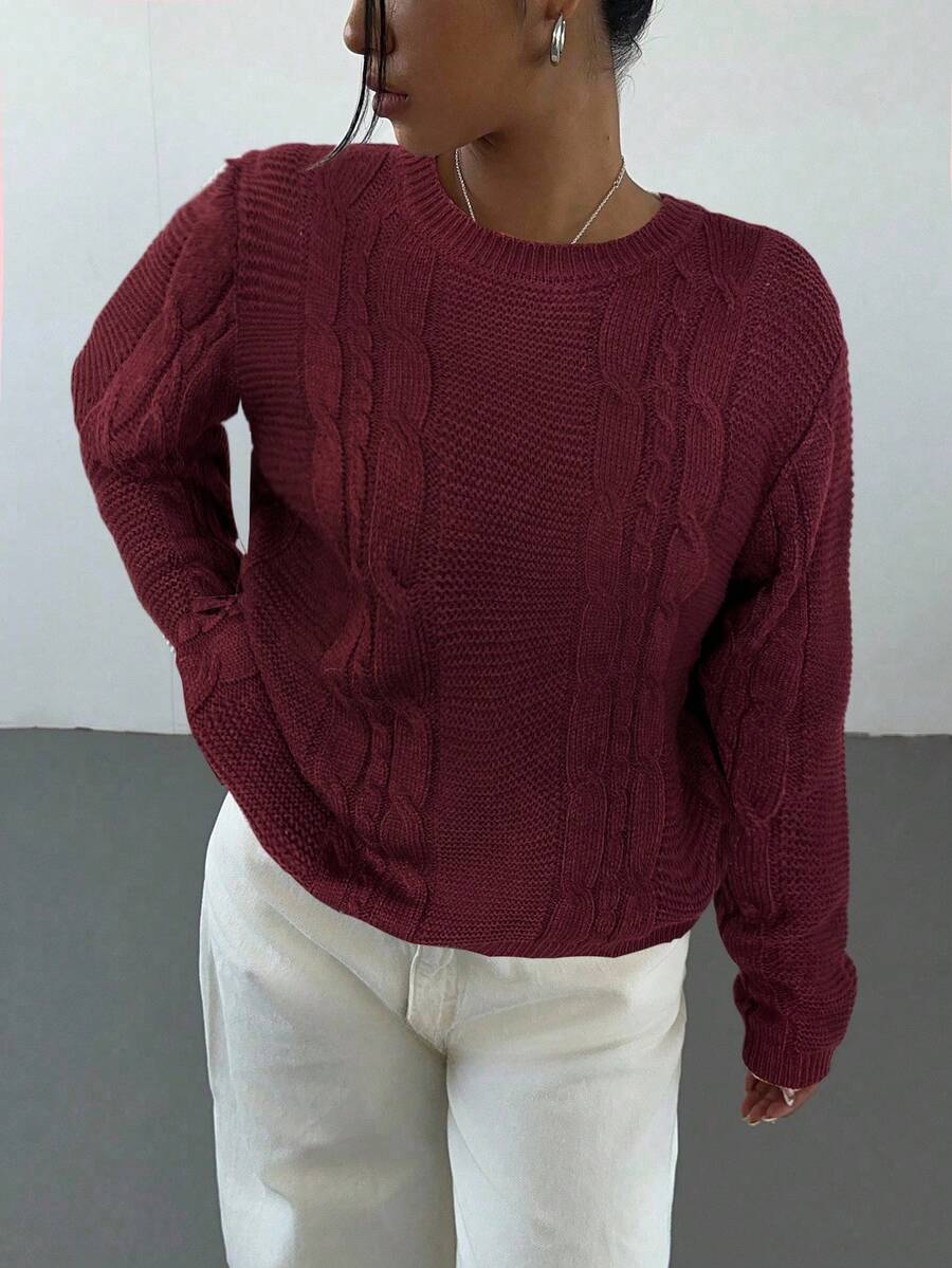 Noemi Relaxed Crew Neck Cable Knit Sweater with Drop Shoulders - Burgundy