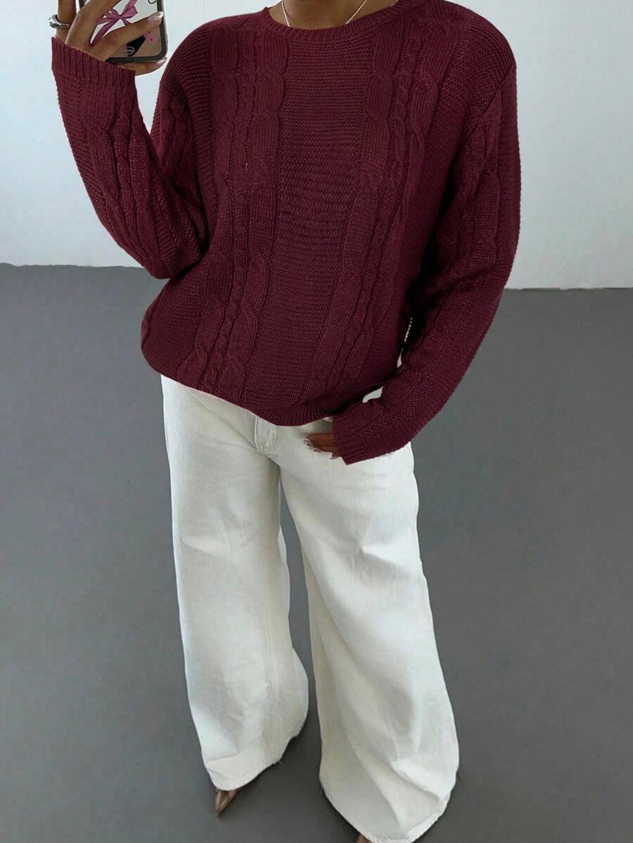 Noemi Relaxed Crew Neck Cable Knit Sweater with Drop Shoulders - Burgundy