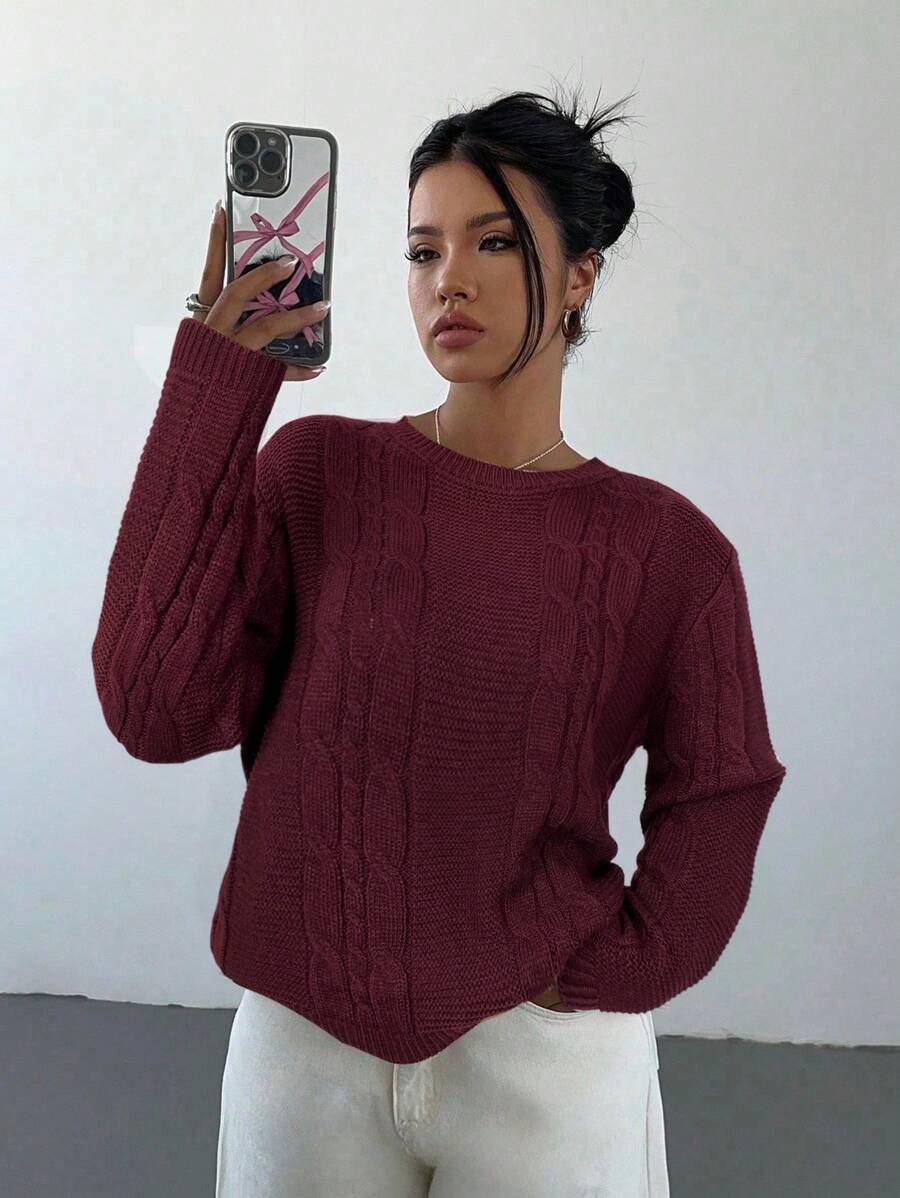 Noemi Relaxed Crew Neck Cable Knit Sweater with Drop Shoulders - Burgundy