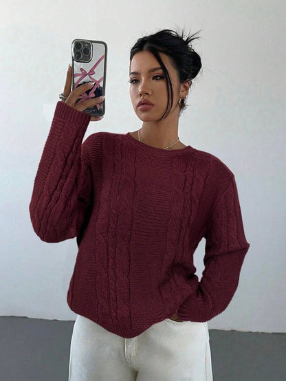 Noemi Relaxed Crew Neck Cable Knit Sweater with Drop Shoulders - Burgundy