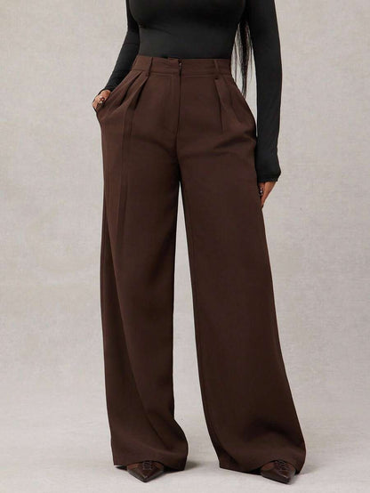 Theodora High Waist Pleated Oversized Wide Leg Suit Trousers - Chocolate Brown