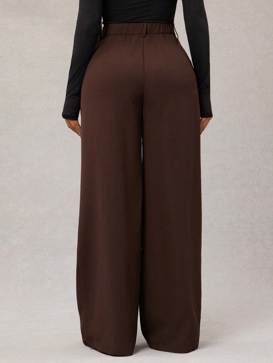 Theodora High Waist Pleated Oversized Wide Leg Suit Trousers - Chocolate Brown