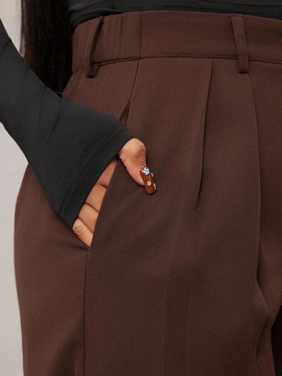 Theodora High Waist Pleated Oversized Wide Leg Suit Trousers - Chocolate Brown