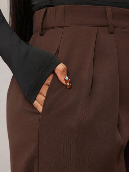 Theodora High Waist Pleated Oversized Wide Leg Suit Trousers - Chocolate Brown