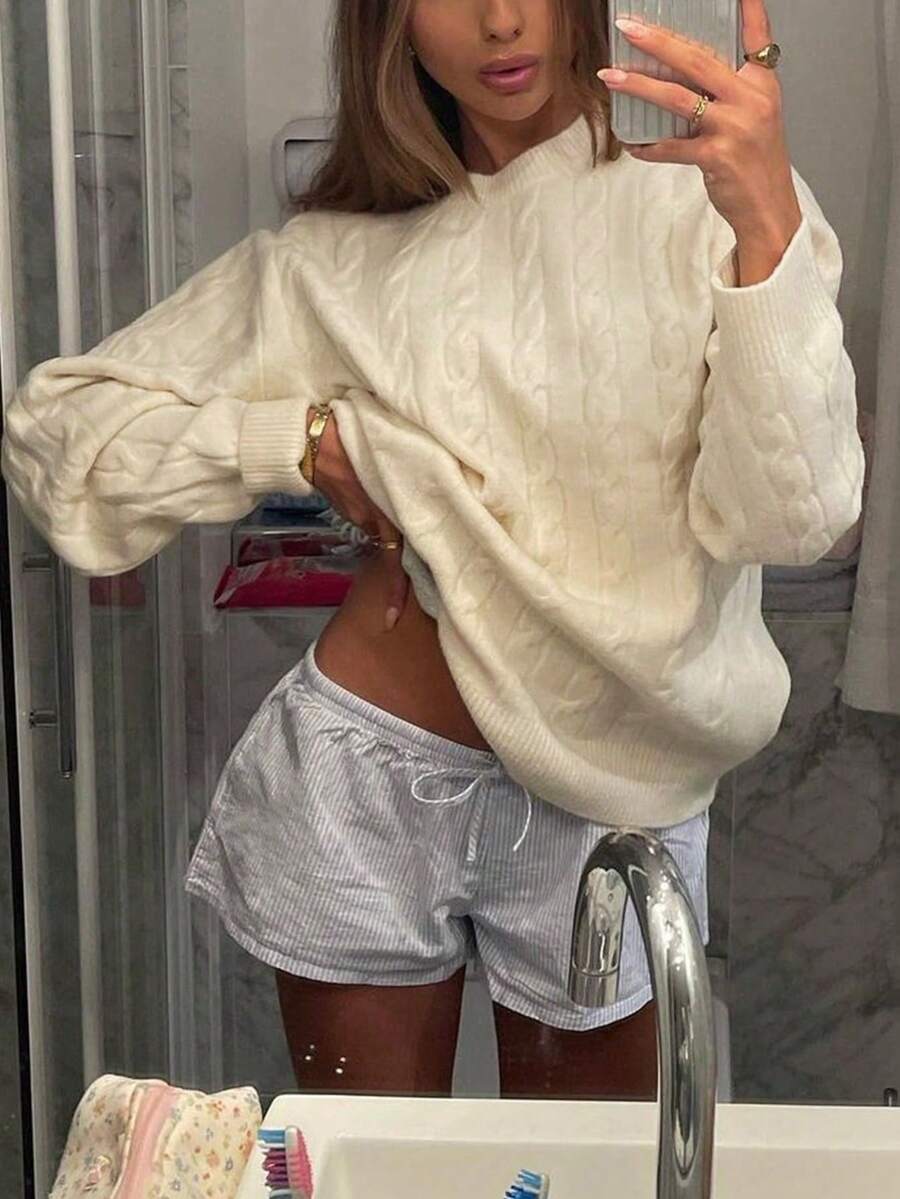Marlowe Chunky Cable Knit Sweater Loose Crew Neck Pullover - Cream