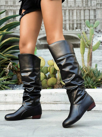 Elegant & Stylish Women's Comfortable Slip-On Knee-High Boots, Round Toe, Chunky Heel, Pleated Design, Plus Size, New Autumn/Winter 2025 Collection,Party Mensa