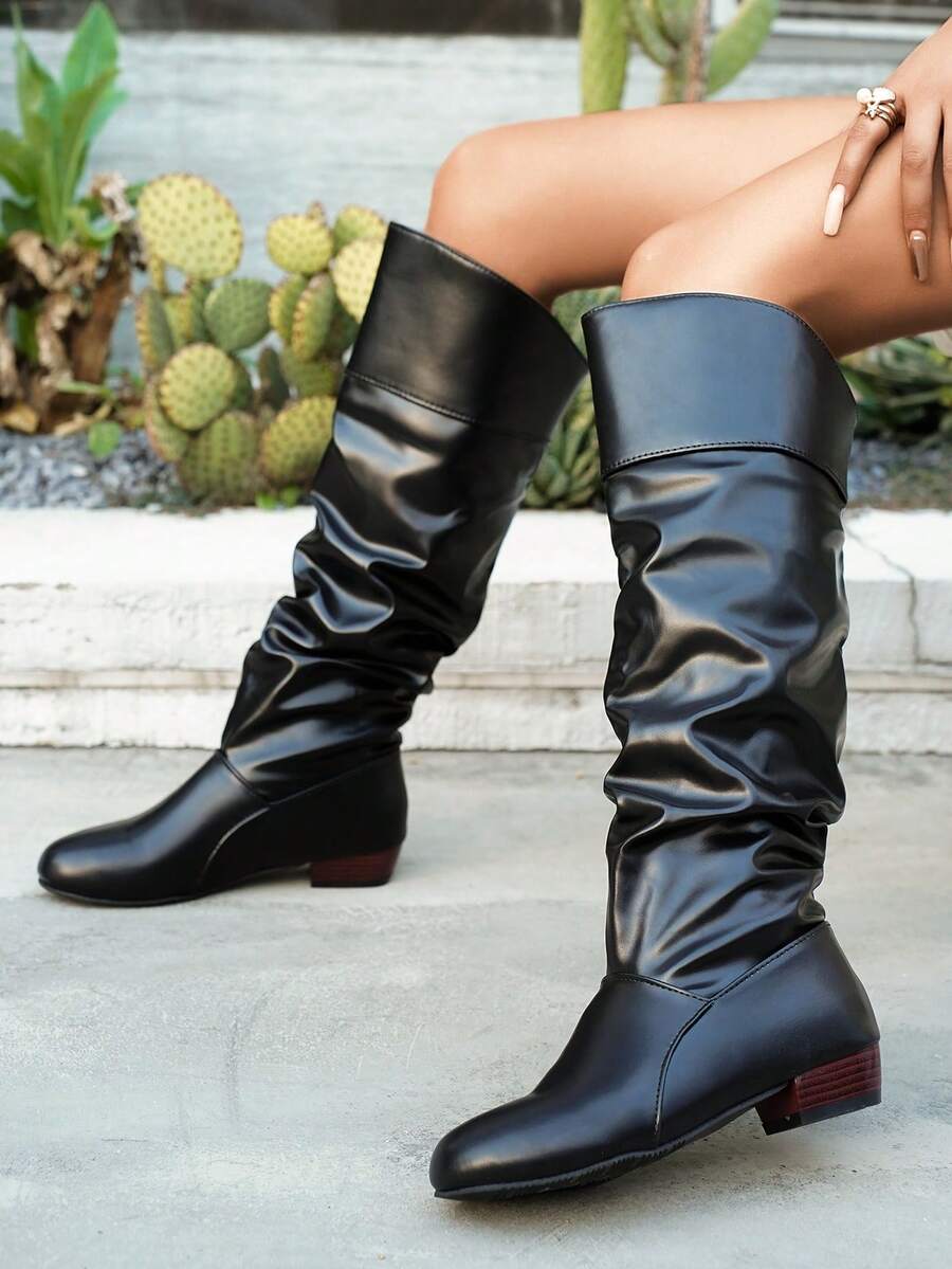 Elegant & Stylish Women's Comfortable Slip-On Knee-High Boots, Round Toe, Chunky Heel, Pleated Design, Plus Size, New Autumn/Winter 2025 Collection,Party Mensa