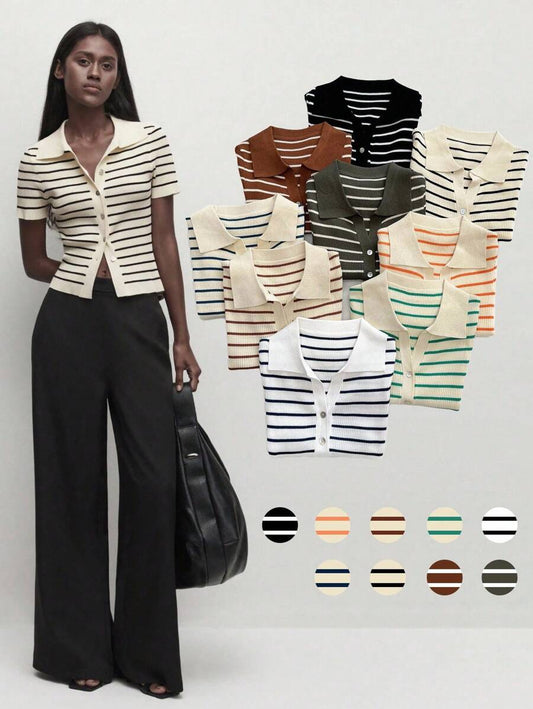 Vera Striped Short Sleeve Knit Top - Apricot