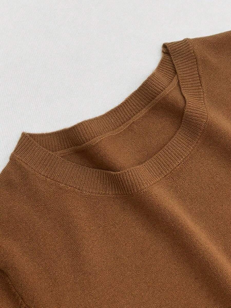 Women's Fine Rib Knit Short Sleeve Top, Fitted Stretch Tee for Layering and Work - Rose Brown