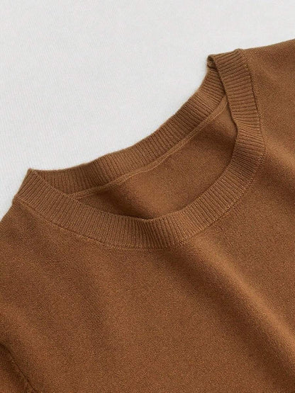 Women's Fine Rib Knit Short Sleeve Top, Fitted Stretch Tee for Layering and Work - Rose Brown