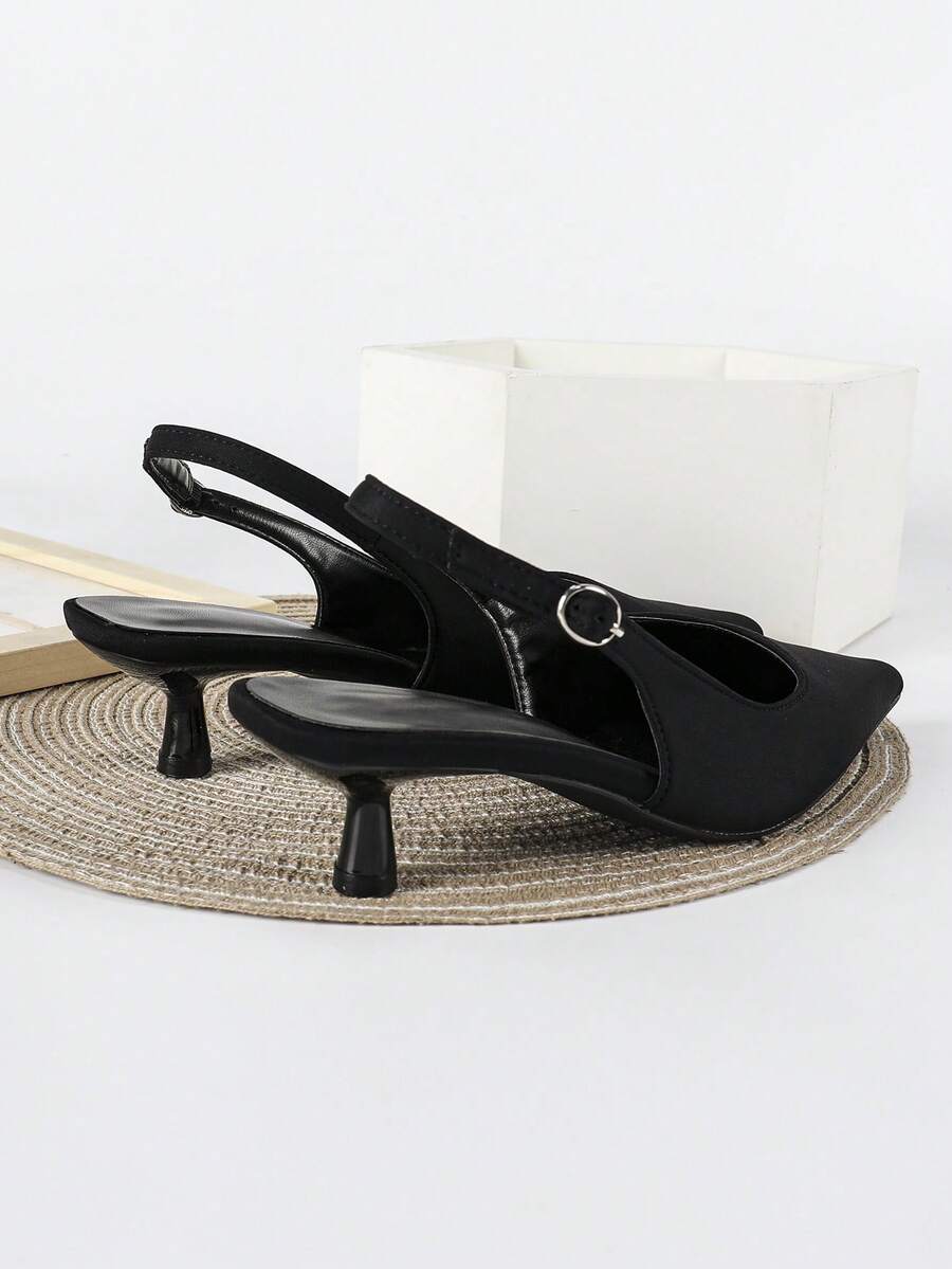 Women's Pointed Toe Slingback Mid Heel Pumps, Glossy Faux Leather Buckle Strap Kitten Heels for Work