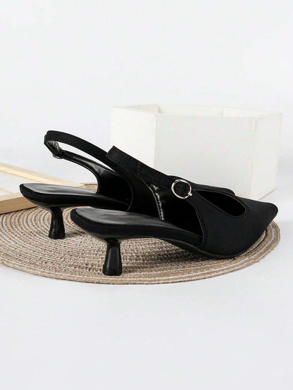 Women's Pointed Toe Slingback Mid Heel Pumps, Glossy Faux Leather Buckle Strap Kitten Heels for Work