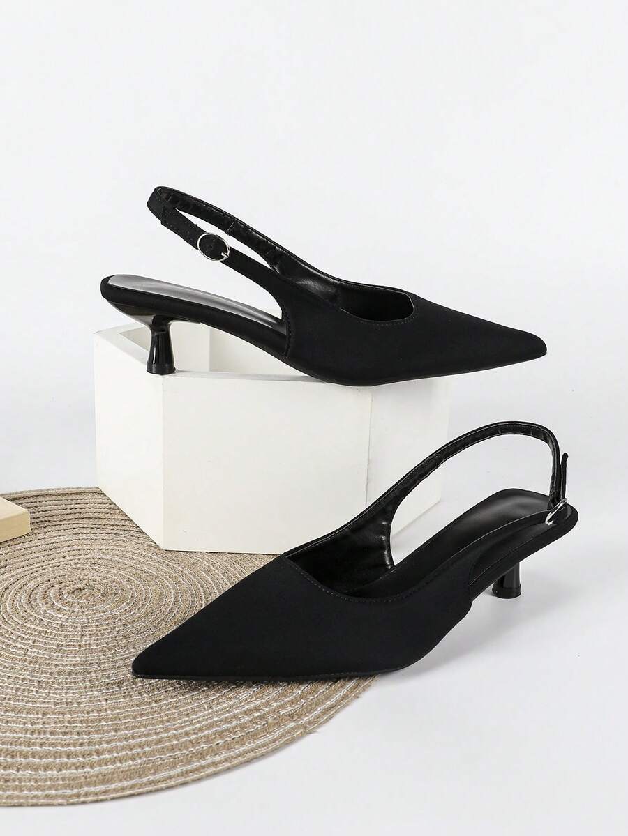 Women's Pointed Toe Slingback Mid Heel Pumps, Glossy Faux Leather Buckle Strap Kitten Heels for Work
