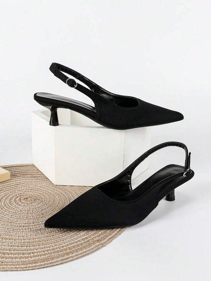 Women's Pointed Toe Slingback Mid Heel Pumps, Glossy Faux Leather Buckle Strap Kitten Heels for Work