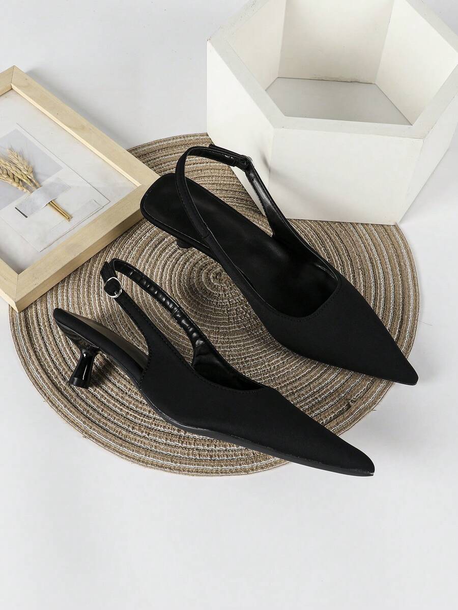 Women's Pointed Toe Slingback Mid Heel Pumps, Glossy Faux Leather Buckle Strap Kitten Heels for Work