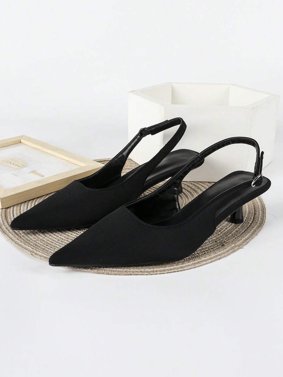Women's Pointed Toe Slingback Mid Heel Pumps, Glossy Faux Leather Buckle Strap Kitten Heels for Work