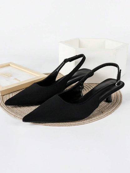 Women's Pointed Toe Slingback Mid Heel Pumps, Glossy Faux Leather Buckle Strap Kitten Heels for Work