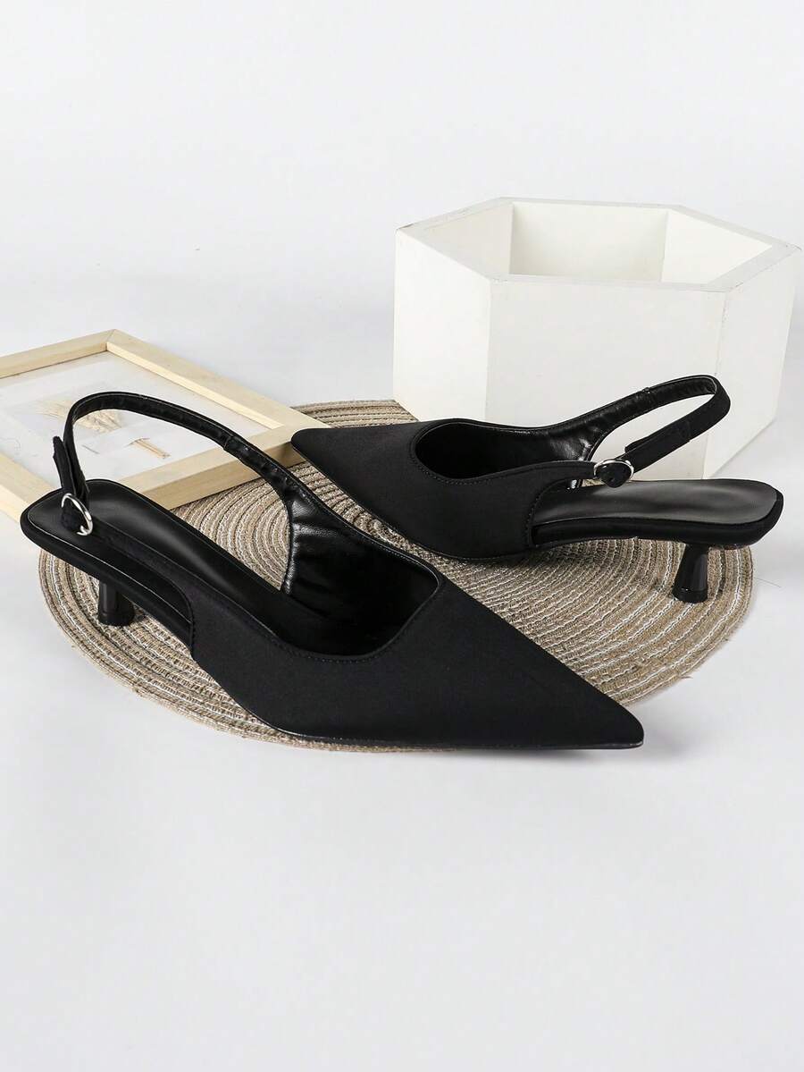 Women's Pointed Toe Slingback Mid Heel Pumps, Glossy Faux Leather Buckle Strap Kitten Heels for Work