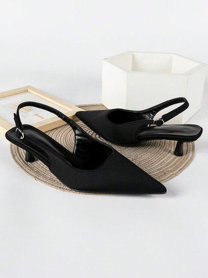 Women's Pointed Toe Slingback Mid Heel Pumps, Glossy Faux Leather Buckle Strap Kitten Heels for Work