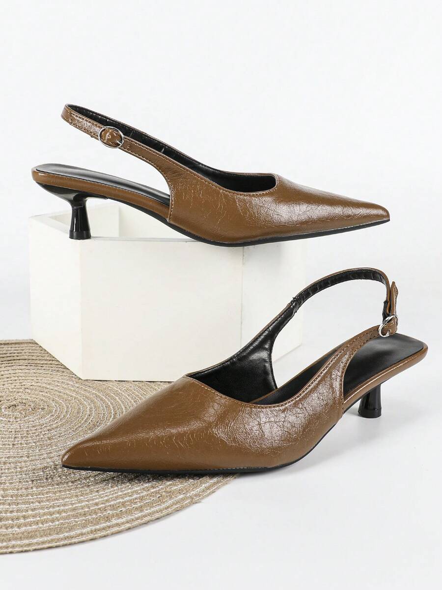 Women's Pointed Toe Slingback Mid Heel Pumps, Glossy Faux Leather Buckle Strap Kitten Heels for Work
