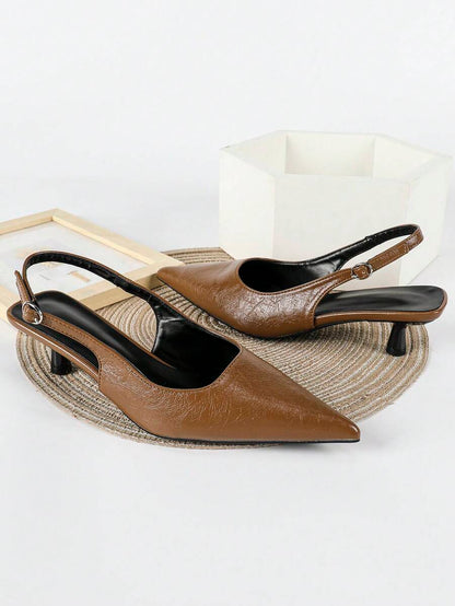 Women's Pointed Toe Slingback Mid Heel Pumps, Glossy Faux Leather Buckle Strap Kitten Heels for Work