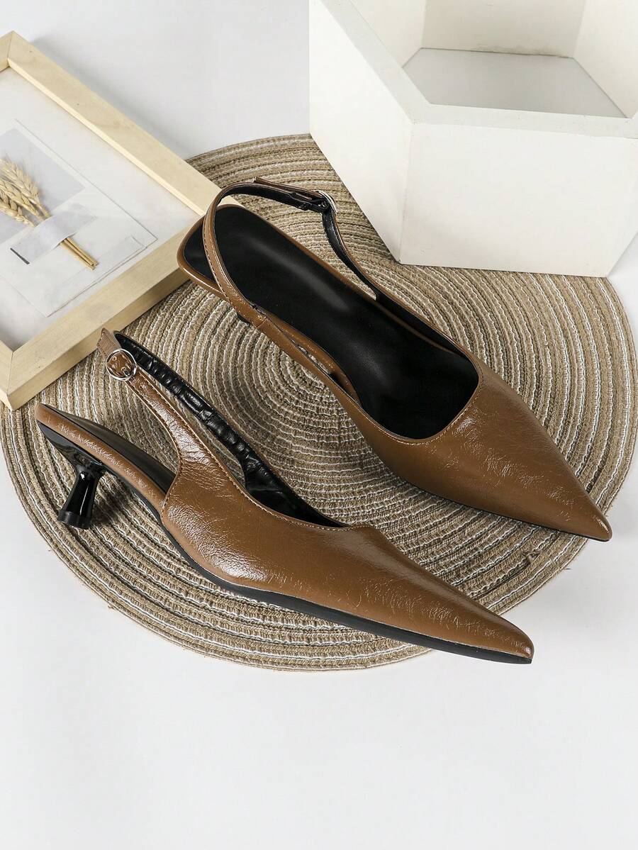 Women's Pointed Toe Slingback Mid Heel Pumps, Glossy Faux Leather Buckle Strap Kitten Heels for Work
