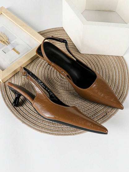 Women's Pointed Toe Slingback Mid Heel Pumps, Glossy Faux Leather Buckle Strap Kitten Heels for Work