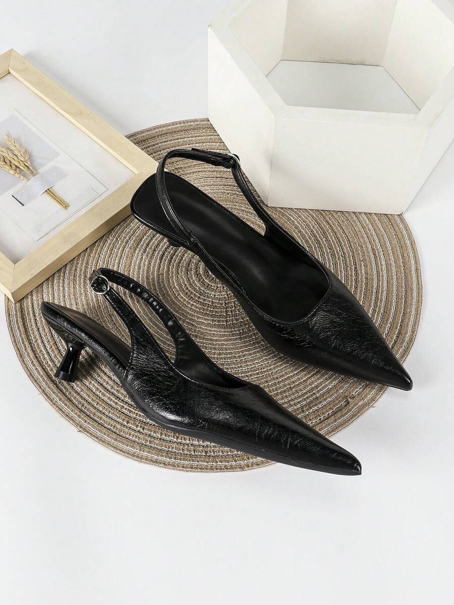 Women's Pointed Toe Slingback Mid Heel Pumps, Glossy Faux Leather Buckle Strap Kitten Heels for Work
