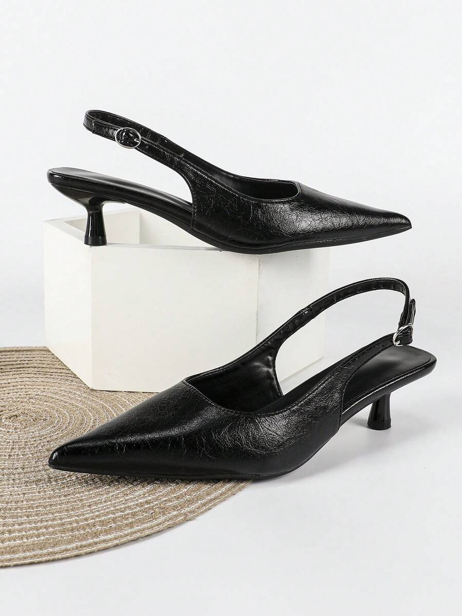 Women's Pointed Toe Slingback Mid Heel Pumps, Glossy Faux Leather Buckle Strap Kitten Heels for Work