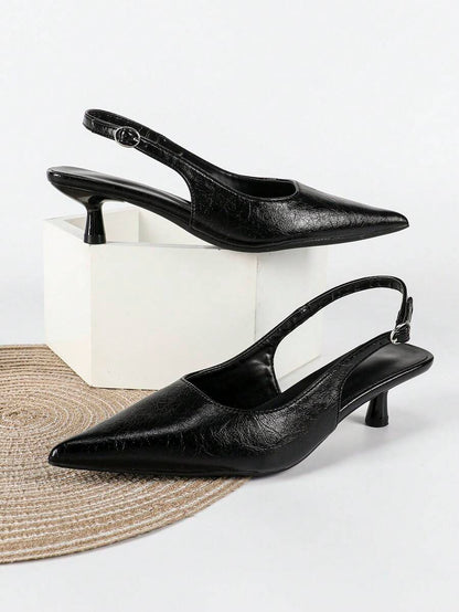 Women's Pointed Toe Slingback Mid Heel Pumps, Glossy Faux Leather Buckle Strap Kitten Heels for Work