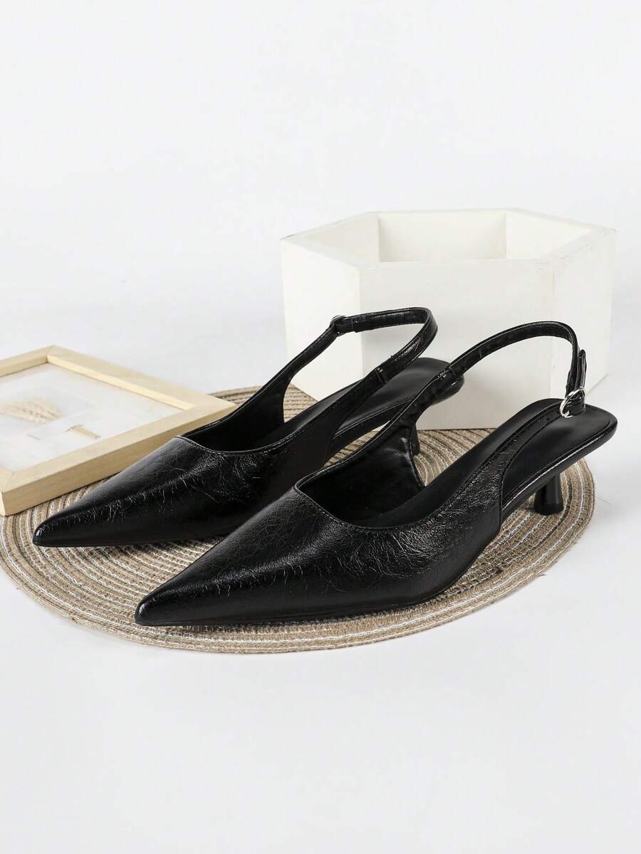 Women's Pointed Toe Slingback Mid Heel Pumps, Glossy Faux Leather Buckle Strap Kitten Heels for Work