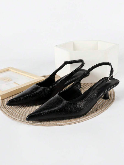 Women's Pointed Toe Slingback Mid Heel Pumps, Glossy Faux Leather Buckle Strap Kitten Heels for Work