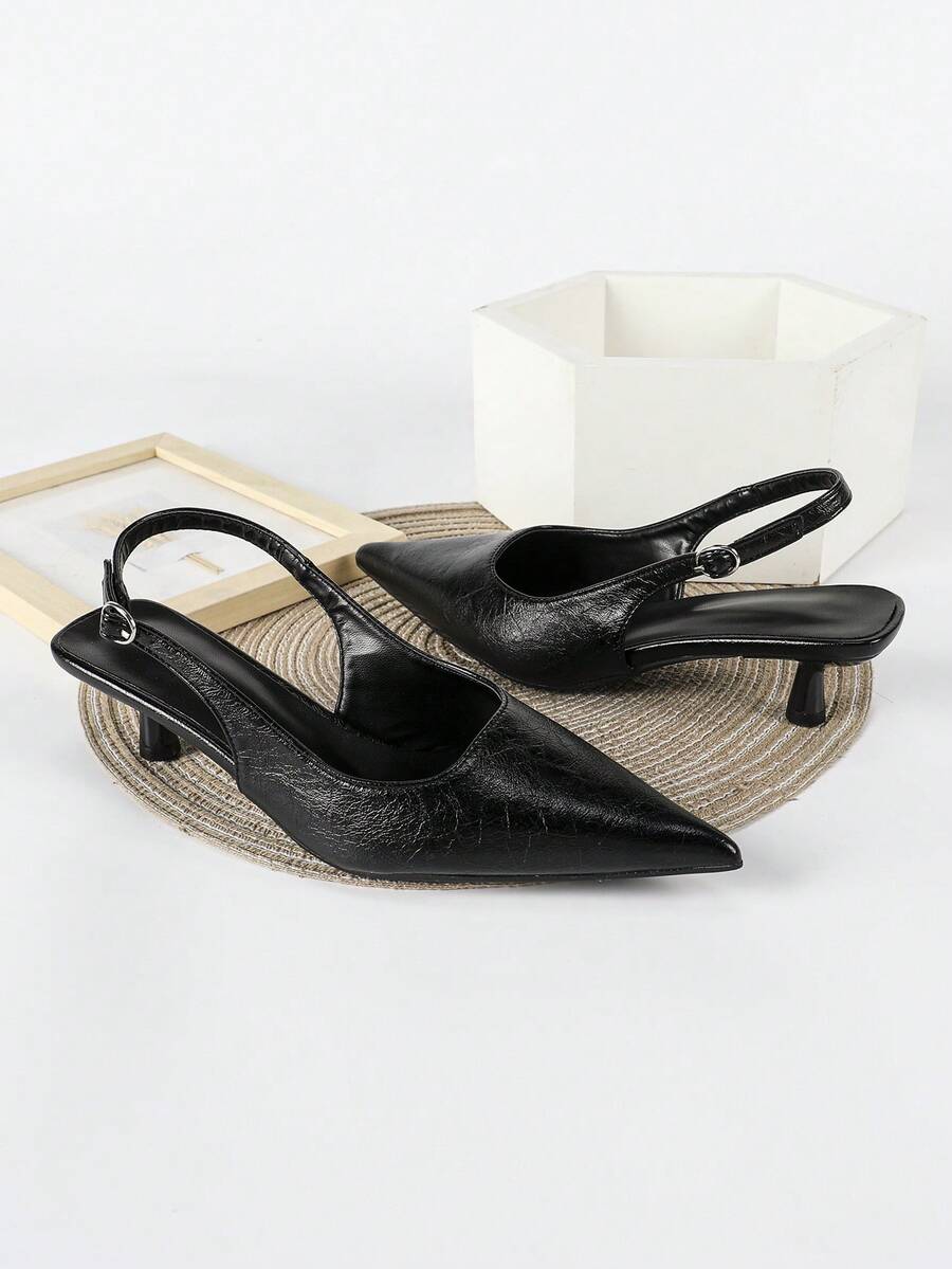 Women's Pointed Toe Slingback Mid Heel Pumps, Glossy Faux Leather Buckle Strap Kitten Heels for Work