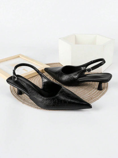 Women's Pointed Toe Slingback Mid Heel Pumps, Glossy Faux Leather Buckle Strap Kitten Heels for Work
