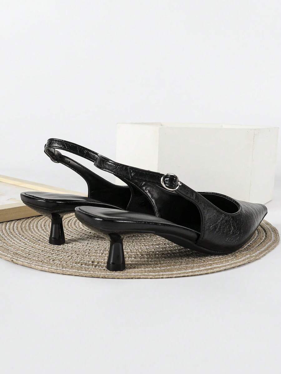 Women's Pointed Toe Slingback Mid Heel Pumps, Glossy Faux Leather Buckle Strap Kitten Heels for Work