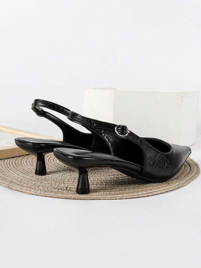 Women's Pointed Toe Slingback Mid Heel Pumps, Glossy Faux Leather Buckle Strap Kitten Heels for Work