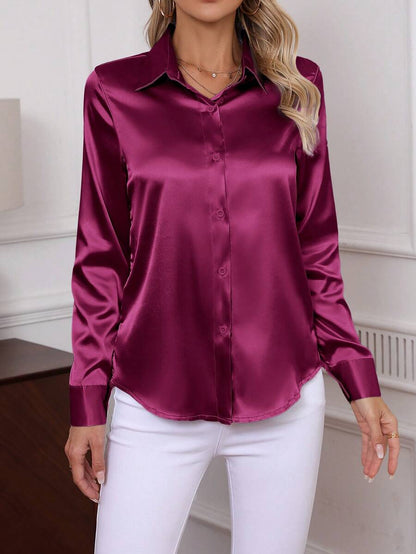 Como Satin Button Up Long Sleeve Blouse