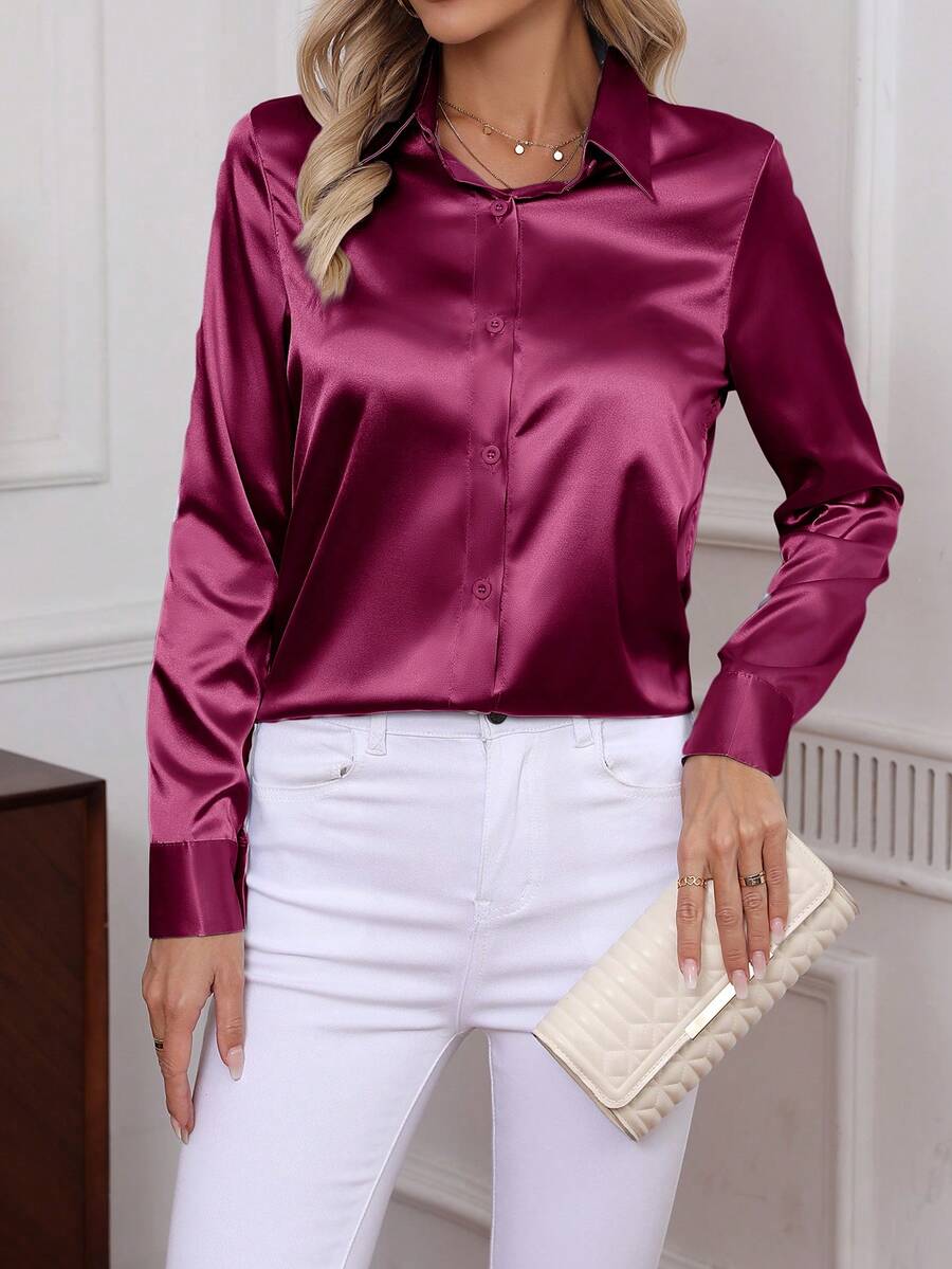 Como Satin Button Up Long Sleeve Blouse