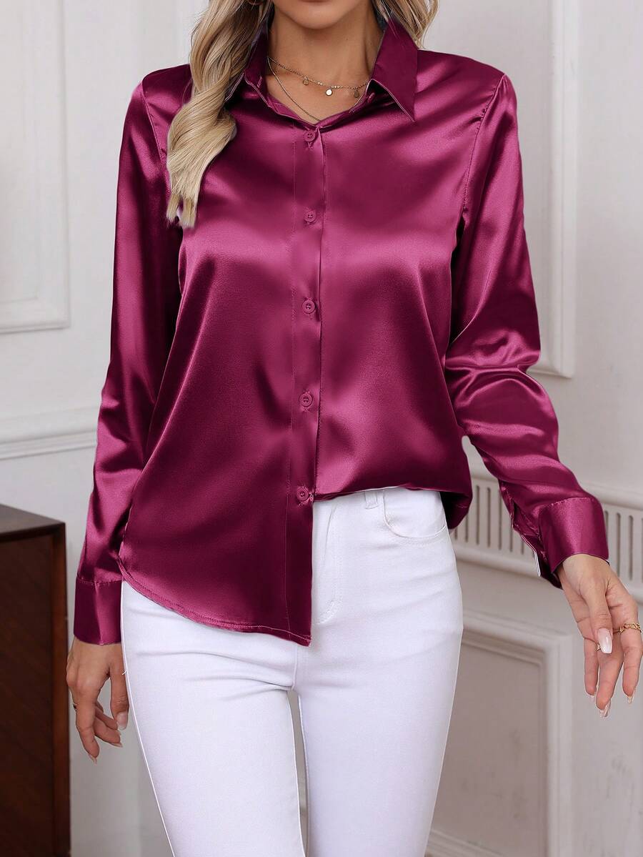 Como Satin Button Up Long Sleeve Blouse - Burgundy