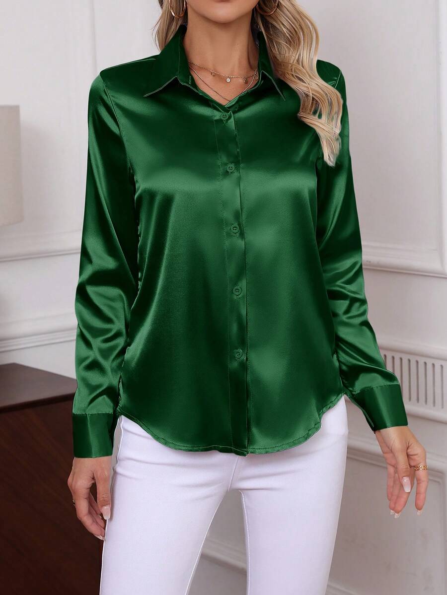 Como Satin Button Up Long Sleeve Blouse